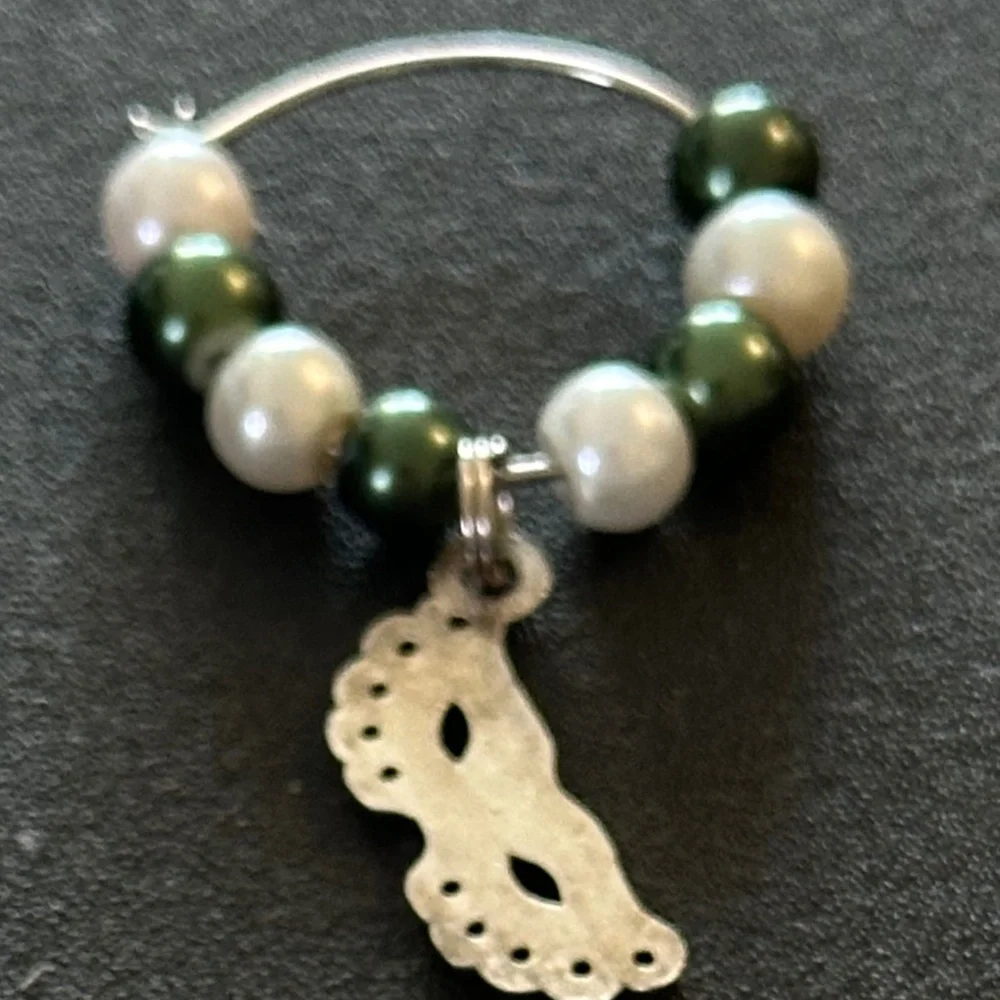 Wine glass tag stainless steel hoop Green/white beads Masquerade mask charm